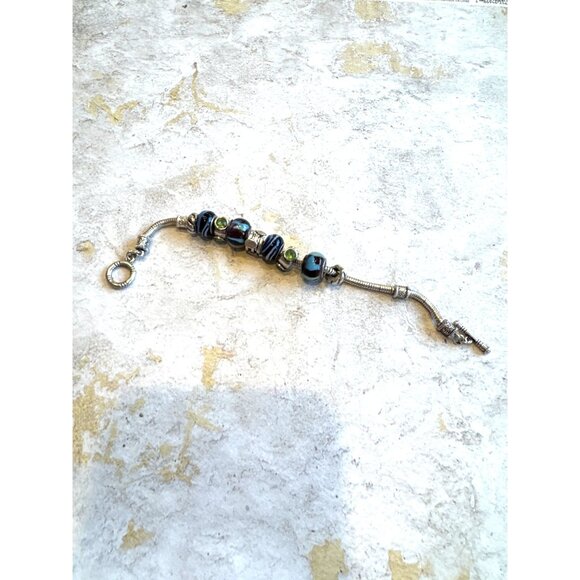 Glass Bead Pandora-Style Bracelet Silver with Green Stone Beads Blue Glass - Picture 2 of 4